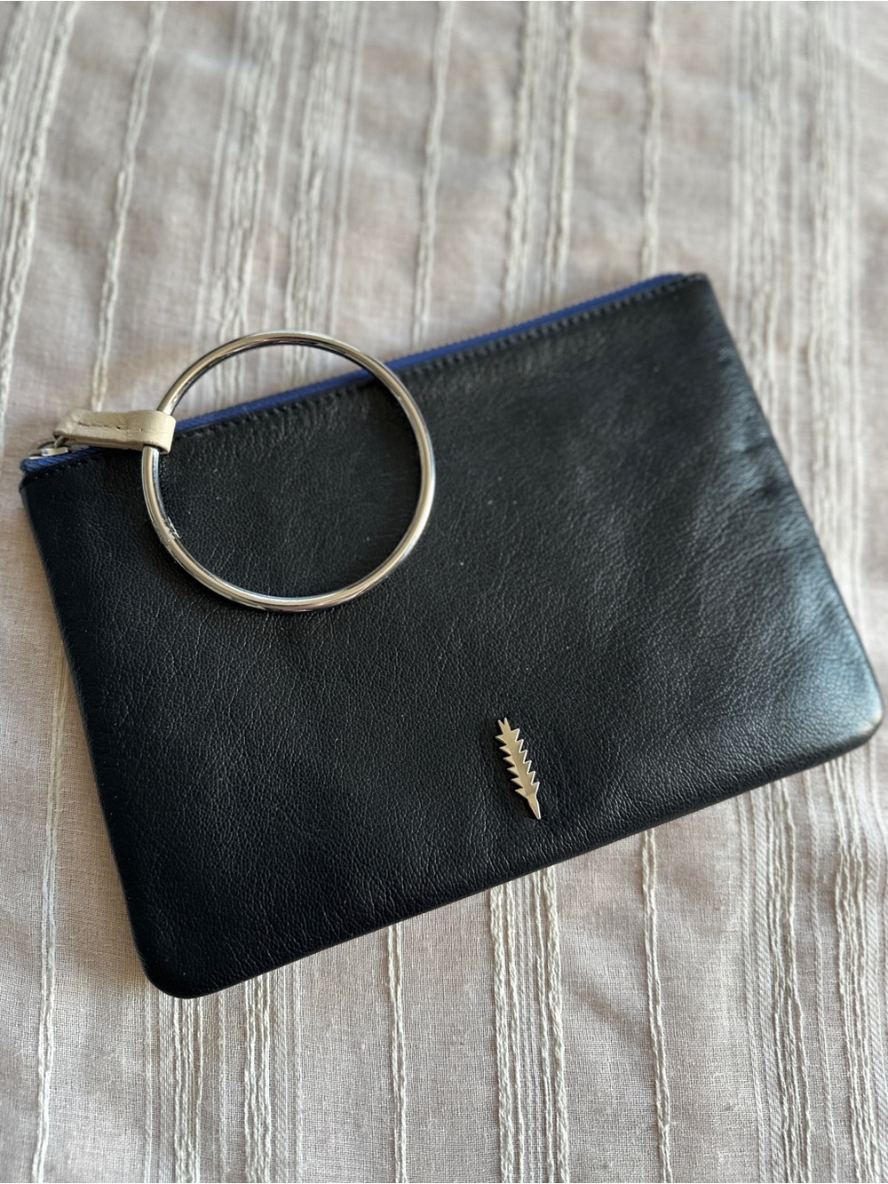 THACKER New York Gia Black Genuine Leather Ring Handle Wristlet Clutch Pouch